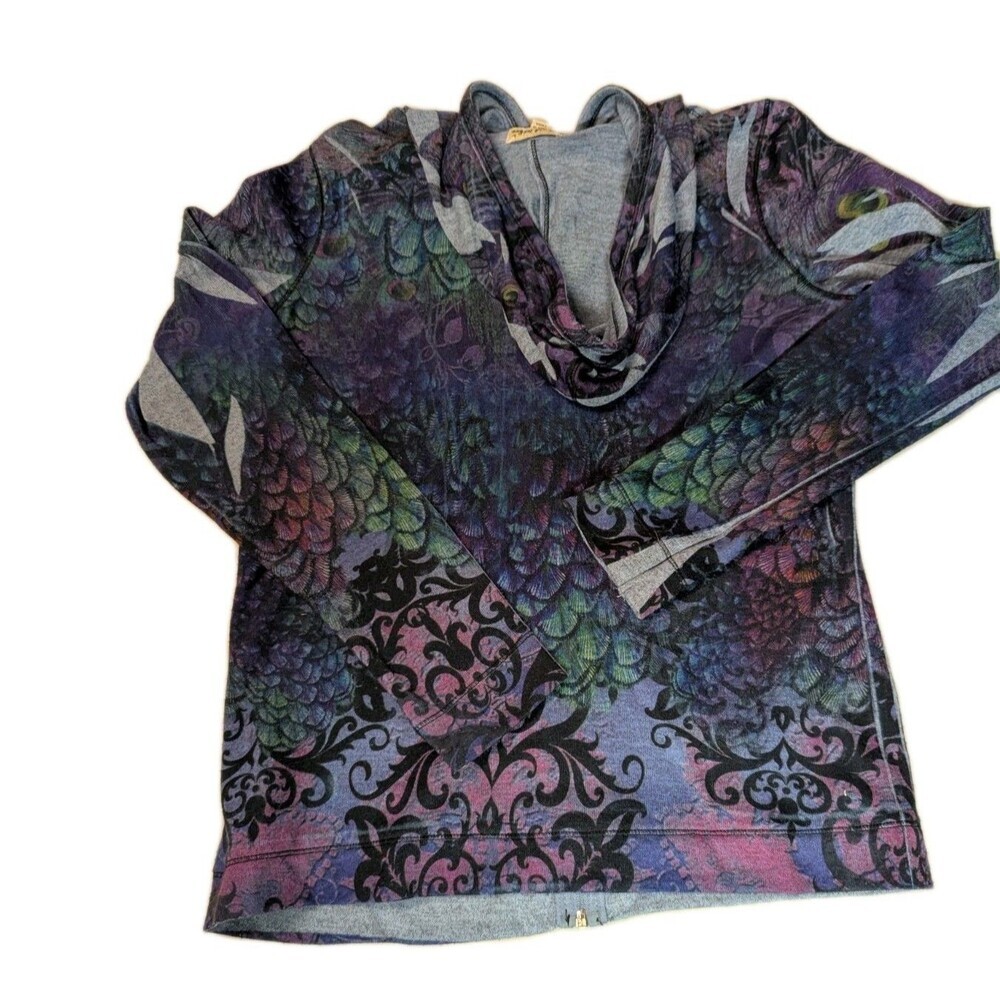 Live and Let Live Peacock Print Rhinestone Zip Up Hoodie Jacket Boho Large - Picture 8 of 14